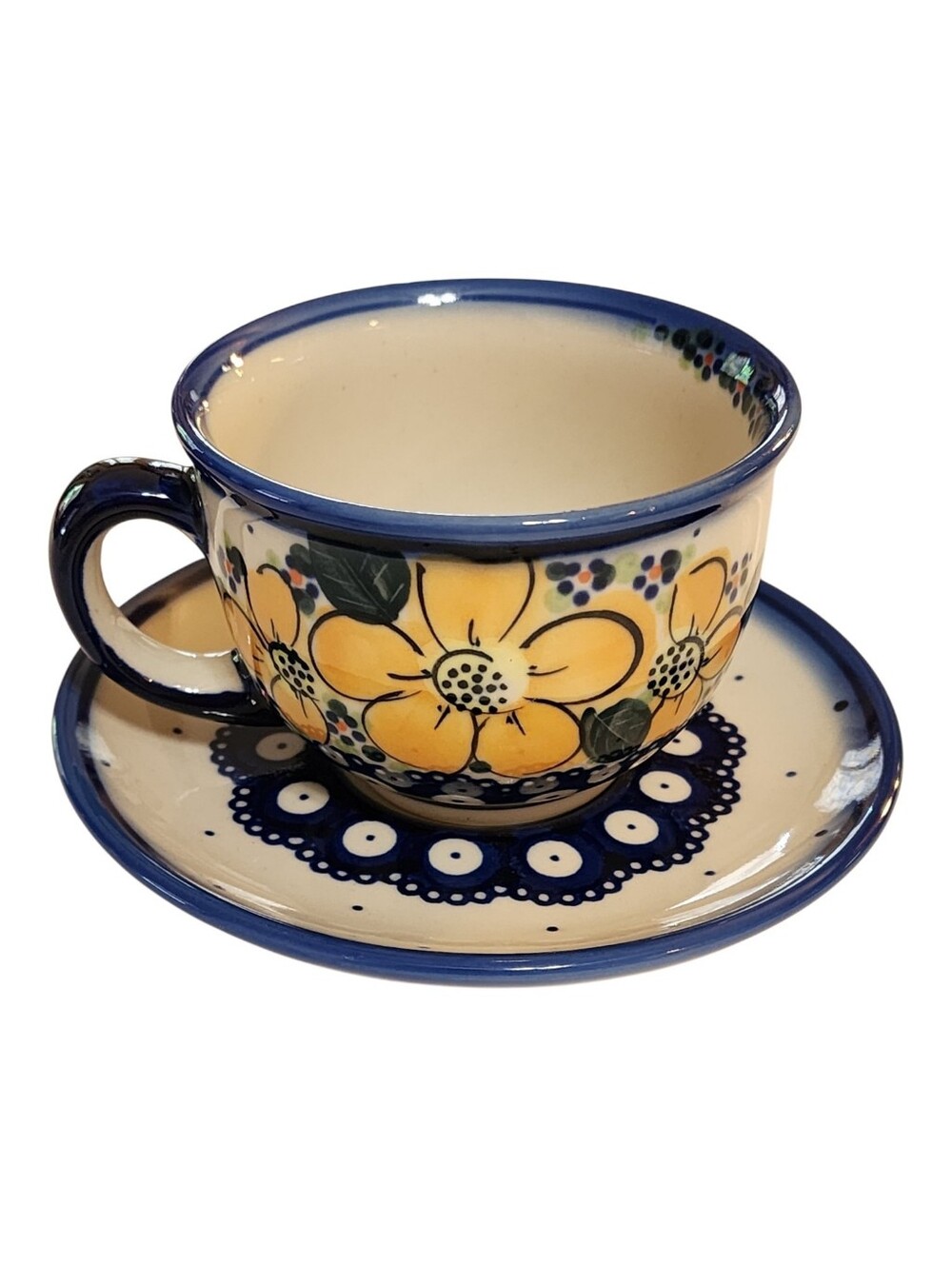 Boleslawiec Polish Pottery Cup and Saucer Hard To Find Yellow Floral Daisy Dot